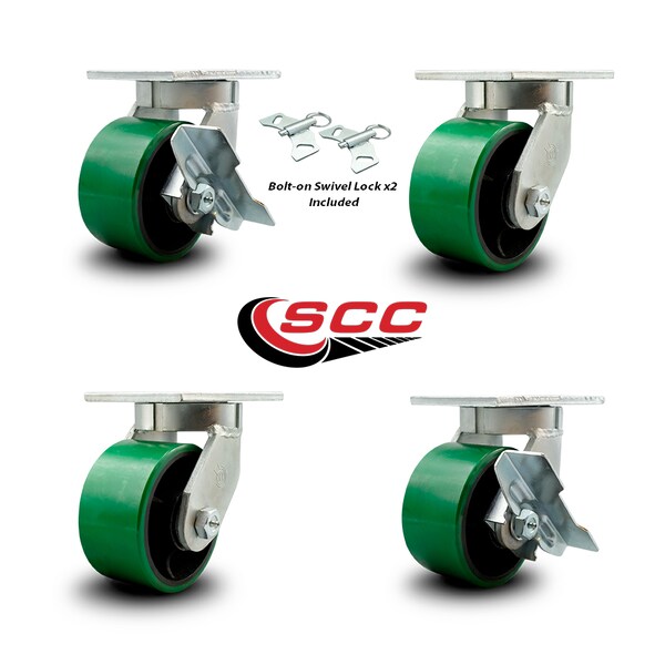 Service Caster 6 Inch Heavy Duty Green Poly on Cast Iron Caster Swivel Lock 2 Brakes SCC, 2PK SCC-KP92S630-PUR-GB-BSL-2-SLB-2 - main
